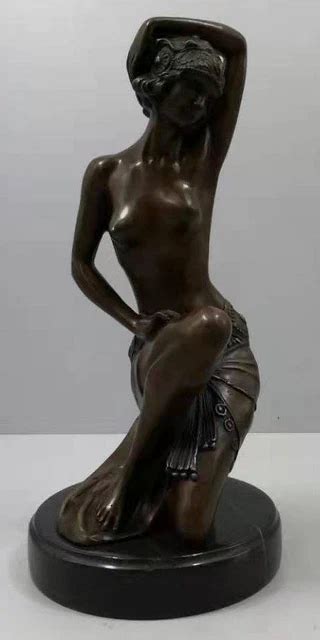 ART DECO BRONZE Sculpture Seated Semi Naked Lady Solid Marble Base Signed 189 00