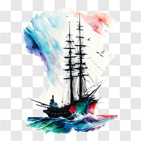 Baixe Pintura Em Aquarela De Um Navio Antigo Navegando No Oceano