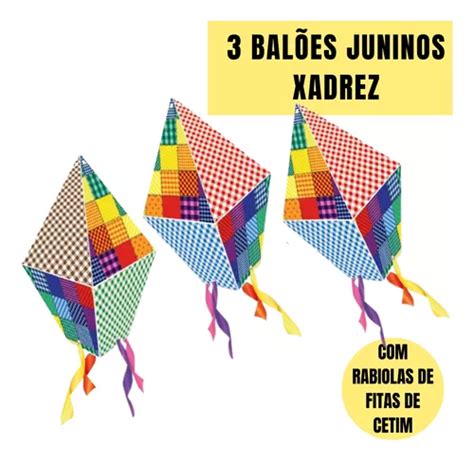 3 Balões Xadrez Festa Junina C Fitas Cetim Kaixote MercadoLivre