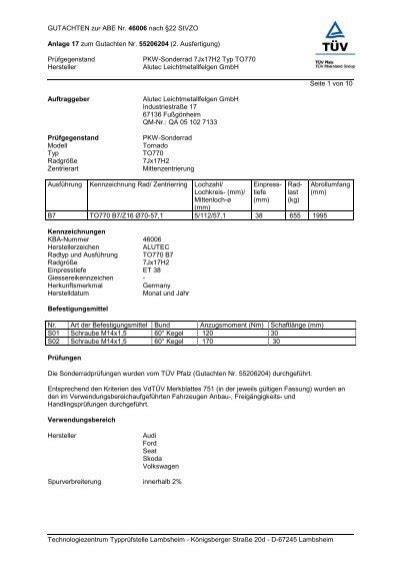 GUTACHTEN Zur ABE Nr 46006 Nach 22 Stvzo Anlage Alutec