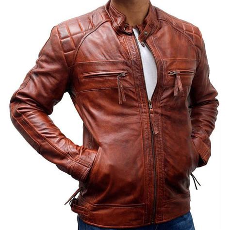 Mens Biker Vintage Motorcycle Classic Diamond Brown Distressed Leather