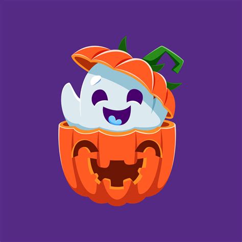 Cartoon cute Halloween ghost emerges from pumpkin 27769262 Vector Art ...