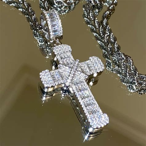 Micro Pave Baguette Cut Cross Pendant In White Gold Helloice