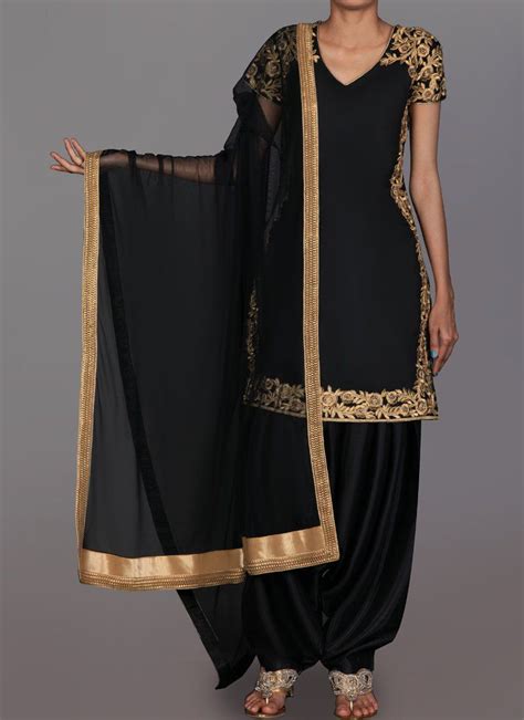 Black And Gold Embroidered Dhupioni Silk Punjabi Suit Indian Fashion