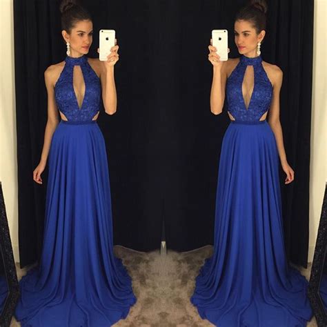 Royal Blue Halter Prom Dress Front Key Hole Low Back Long Prom Dresses