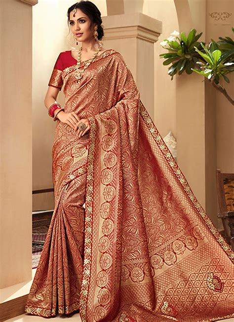 Shop Online Border Jacquard Silk Trendy Saree In Red