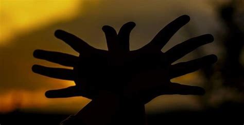 a person's hand with the sun setting in the back ground behind them,