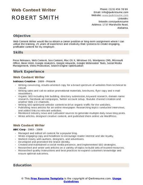 Web Content Writer Resume Samples Qwikresume