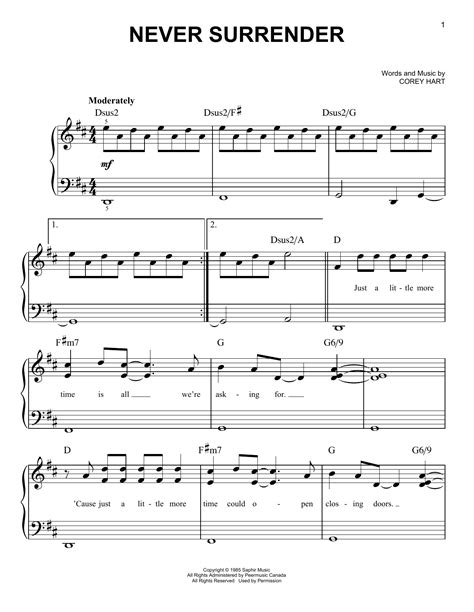 Never Surrender By Corey Hart Sheet Music For Easy Piano At Sheet Music