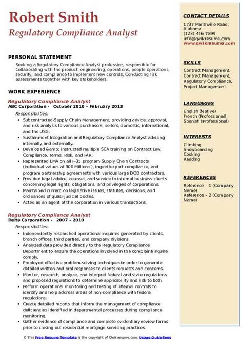 Regulatory Compliance Manager Resume Sample