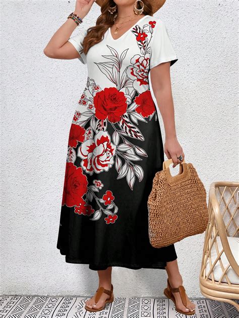 Emery Rose Plus Size Women S Rose Pattern Dress Shein Asia