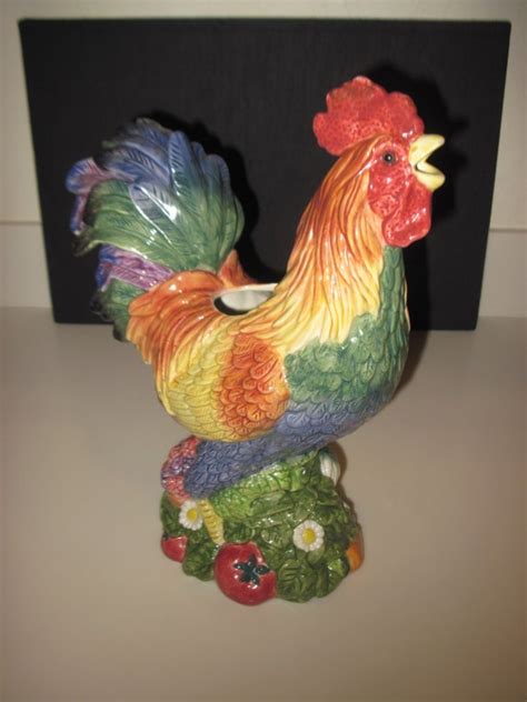 1990s Fitz And Floyd Hand Painted Ceramic Roosters Pitcher