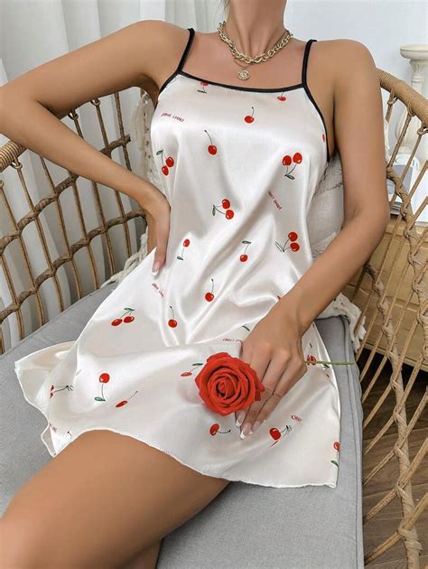 Cherry Print Contrast Binding Satin Cami Nightdress Shein Usa