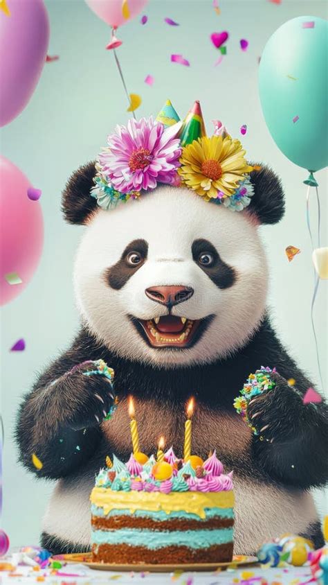 A Cheerful Panda Celebrates Its Birthday With Colorful Balloons And A