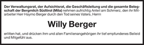 Traueranzeigen Von Willy Berger Trauer Bz