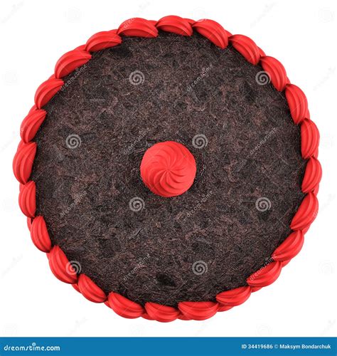 Top View Of Round Chocolate Cake With Pink Cream Isolated Stock