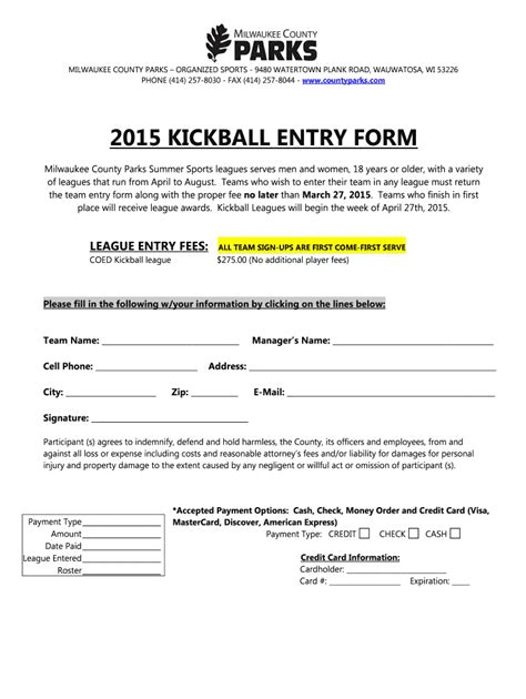 Fillable Online County Milwaukee COED Kickball Application Milwaukee