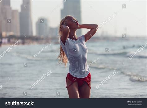 Sexy Blonde Woman Wet Tshirt On Stock Photo Edit Now 736785511