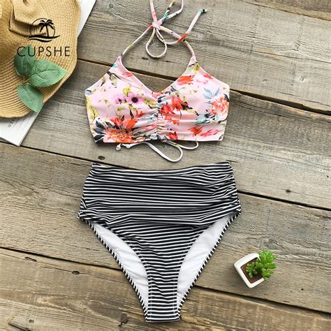 Cupshe Flower Print Tank Bikini Set Women Lace Up High Waisted Striped