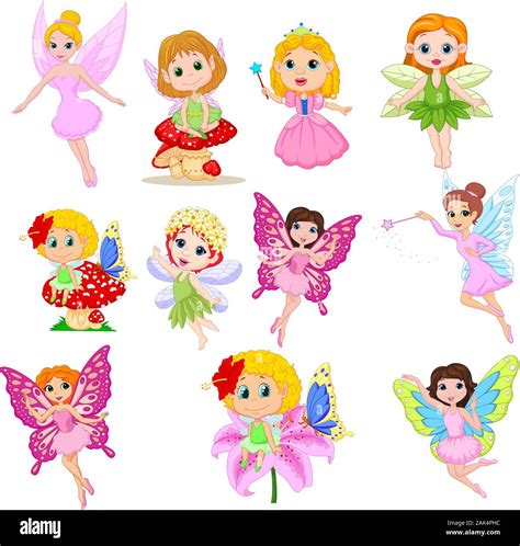 Set Of Cute Beautiful Fairies Cartoon Isolated On A White Background