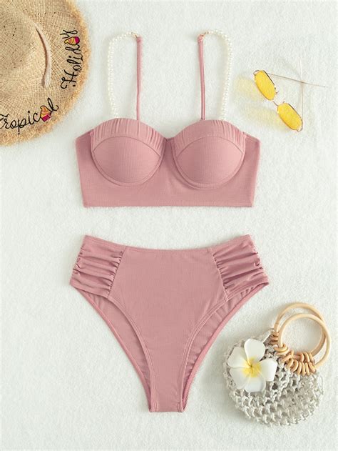 Conjunto De Bikini Acanalado Sujetador Push Up Con Correa De Perlas Y