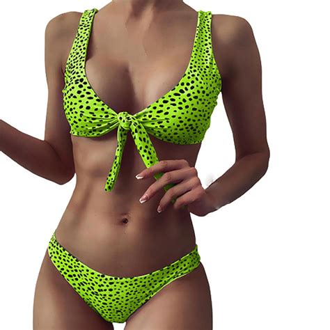 Jovati Womens Two Pieces Bikini Sets Leopard Print Knot Front Crop Off