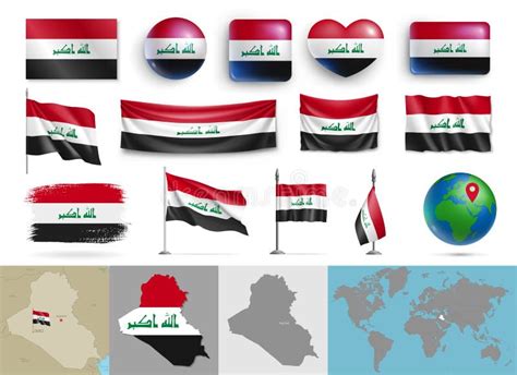 Iraq Flags Of Various Shapes And Country Map Set Stock Vector