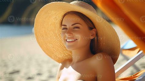 Ai Generated Beautiful Caucasian Woman Tanning Skin On Beach