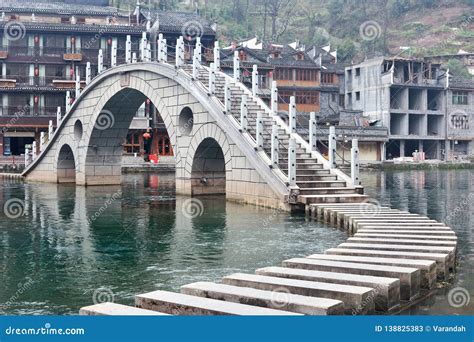 Arch Traditional Bridge Over The Tuojiang River Tuo Jiang River In