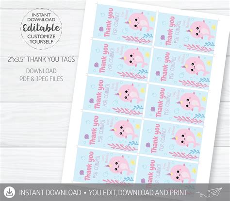 Narwhal Birthday Thank You Tag Digital Narwhal Party Favor Etsy