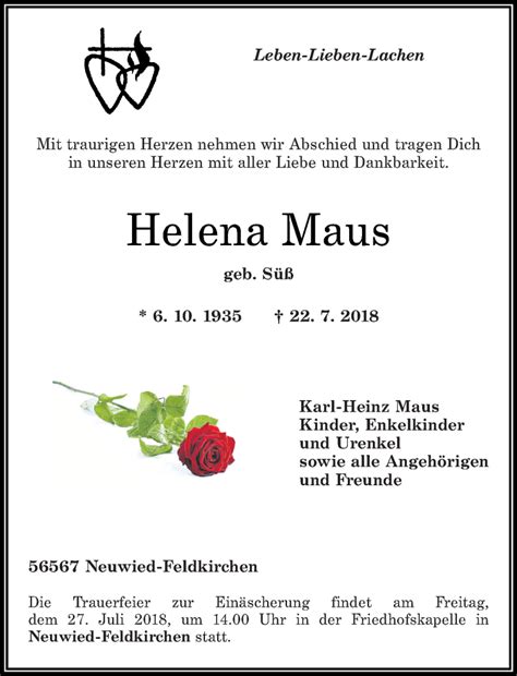 Traueranzeigen Von Helena Maus Rz Trauer De