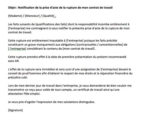 Prise D Acte De Rupture Du Contrat De Travail Mod Le De Lettre