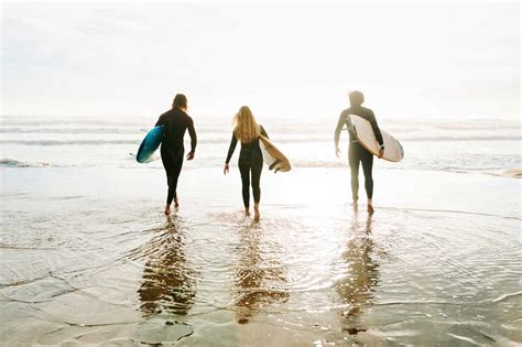 Back View Of Unrecognizable Group Of Surfer Friends Dressed In Wetsuits