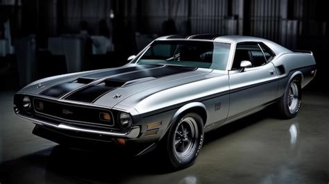 Premium Ai Image A Silver Muscle Car With A Black Stripe That Says