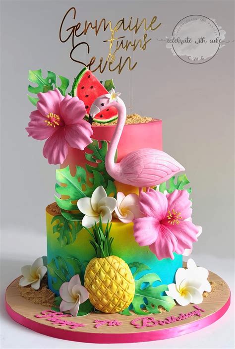 Tropical Flamingo And Floral Two Tiered Cake