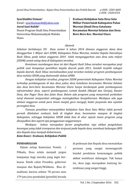 Pdf Evaluasi Kebijakan Satu Desa Satu Milliar Pemerintah Kabupaten