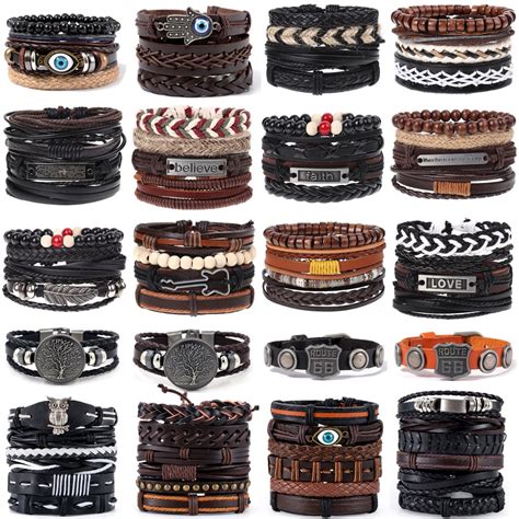 40 Styles Vintage Leaf Feather Multilayer Wood Leather Bracelet Men