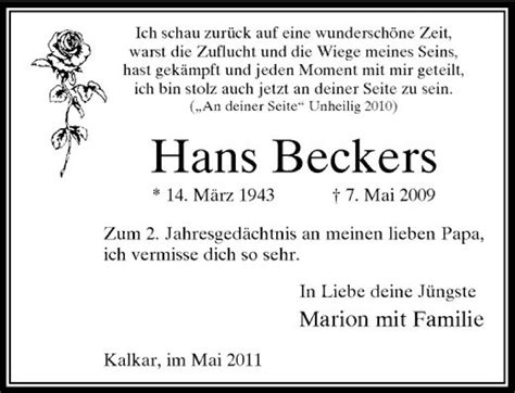 Alle Traueranzeigen F R Hans Beckers Trauer Rp Online De