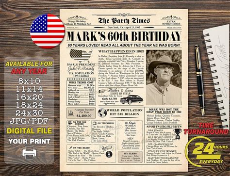 1963 Newspaper Poster 60th Birthday Sign 60th Birthday Gift For Him