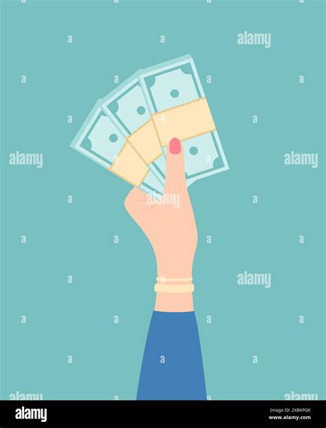 Female Hand Holding Stacks Of Money On A Green Background Flat Vector