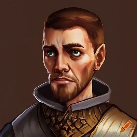 Headshot Of A Male Town Guard In Dnd Art Style With Short Dark Brown