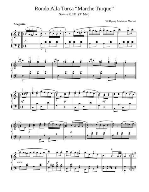 Wa Mozart Marche Turque Turkish March Fingered Sheet Music For Piano Download Free In Pdf Or Midi