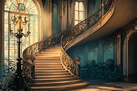 Grand Staircase In A Luxurious Mansion With Ornate Iron Railings And A