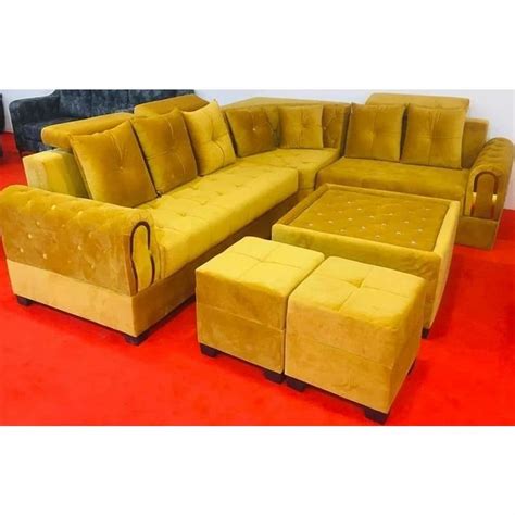 Velvet 7 Seater Yellow Teak Wood L Shape Sofa Set At Rs 36000 Set In