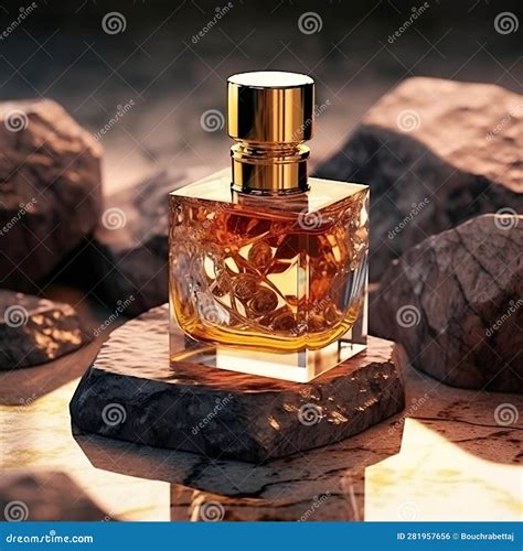 Golden Luxury Perfume Mockup On Display At Golden Hour Stock