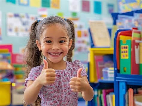 Happy Pre School Kid Double Thumbs Up A Day Of Joy And Learning