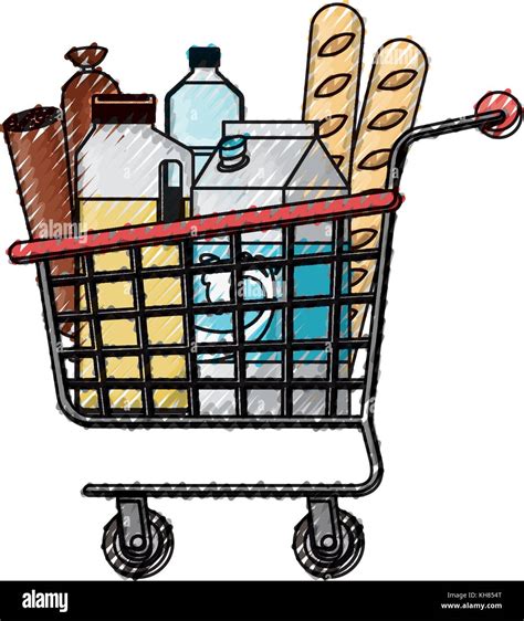 Supermarket Shopping Cart With Foods Sausage Bread And Drinks Juice And