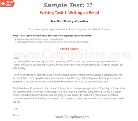 CELPIP Writing an Email Sample 27 - Free CELPIP mock