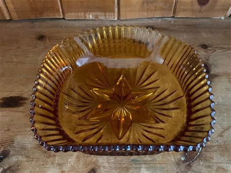 Vintage Art Deco 1930s Amber Pressed Glass Dish Bowl Etsy