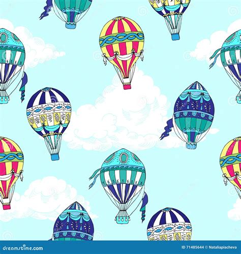 Seamless Pattern With Clouds And Hot Air Ballons Stock Vector Illustration Of Rainbow Summer